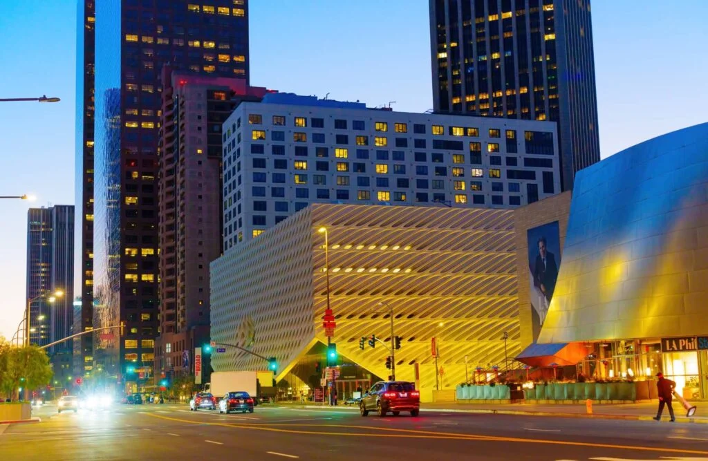 Night view of The Broad Museum in Downtown LA