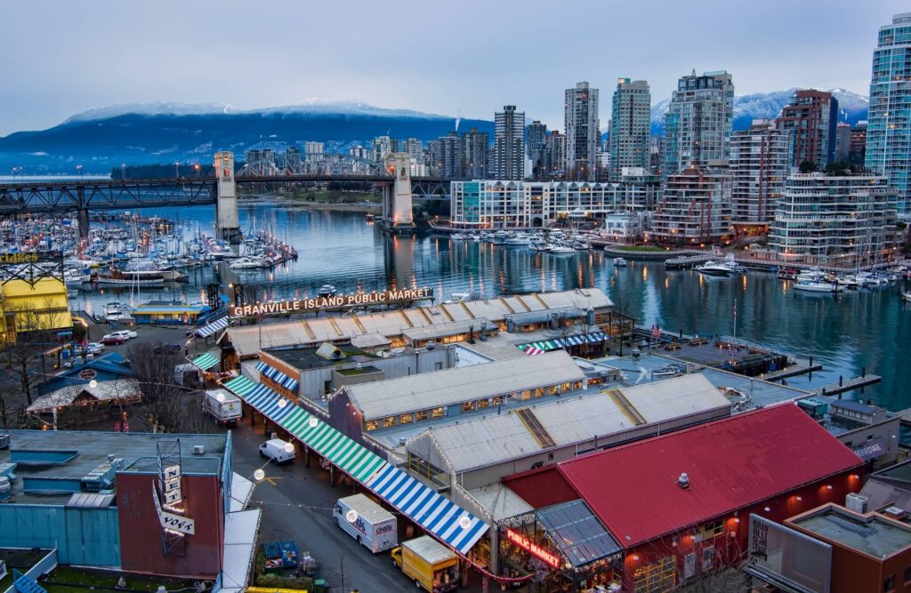 Granville Island Market and Vancouver skyline