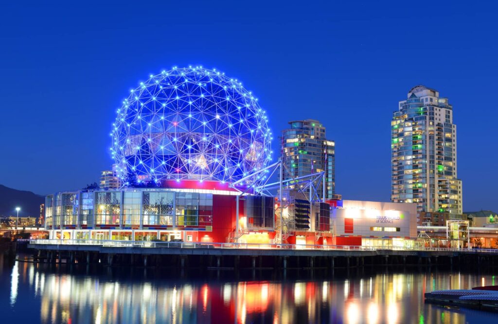 Vancouver Science World at night, Vancouver, British Columbia, Canada.